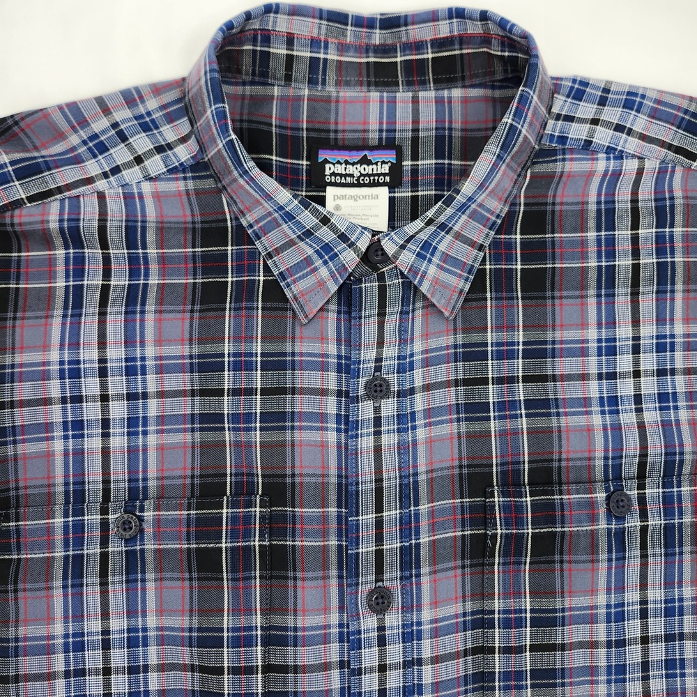 Patagonia Mens  Blue Plaid Organic Cotton Shirt Size L Hiking Active Granola